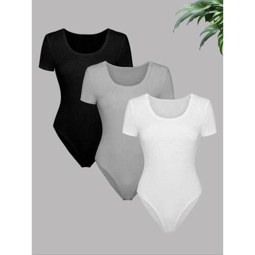 Solid Scoop Neck Bodysuit Casual Comfy Breathable Short