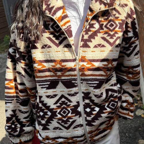 Zipper geometric print plush jacket jacket