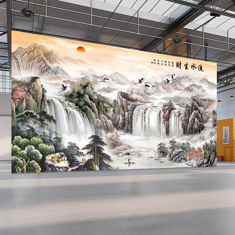 电视背景墙壁纸国画山水画墙纸会议室背景墙壁纸流水生财中式壁画
