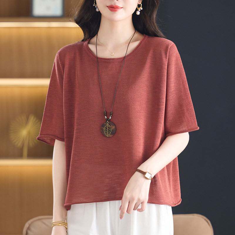 中年妈妈装夏季冰丝短袖T恤女2025新款宽松大尺码针织衫桑蚕丝上