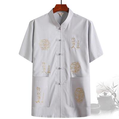 正品中季老年人夏套装短唐装男服袖衬衫刺绣爸爸大尺码晨练服爷爷