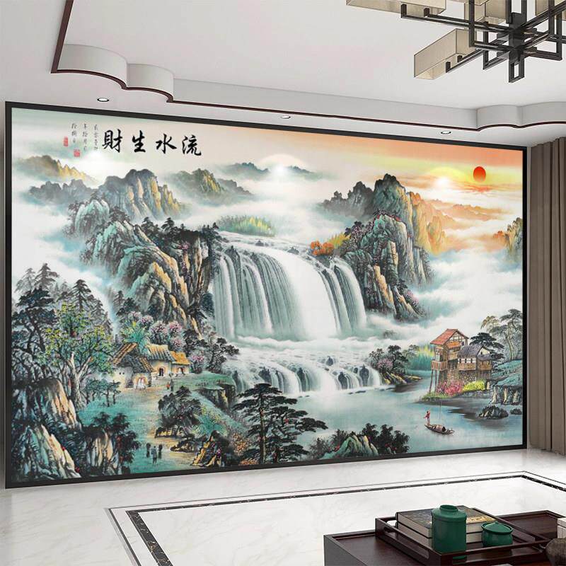 中式山水电视壁纸自粘3d立体壁贴沙发墙布办公室2026书房壁画