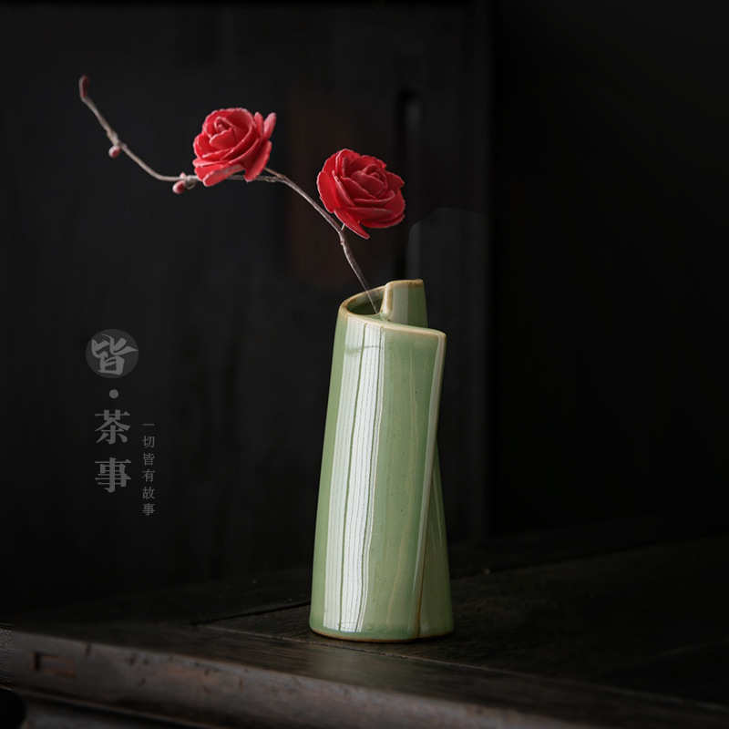 复古陶瓷小花瓶玄关桌面干花插花器桌青瓷水培小花瓶餐桌花瓶代发