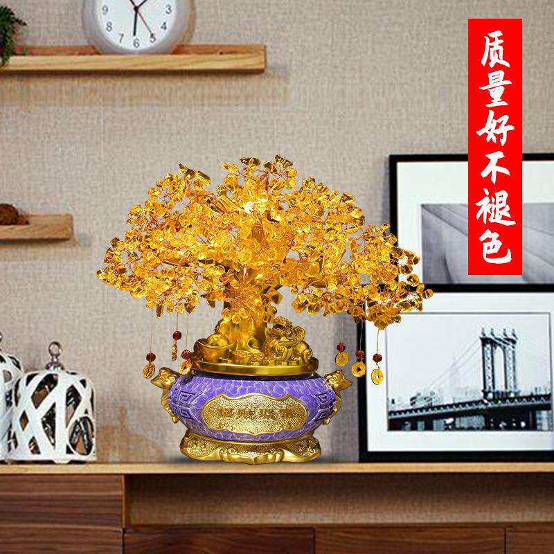 黄水晶发财树聚宝盆树脂工艺品摆件家居办公中式招财摇钱树发财树
