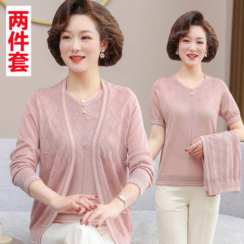 妈妈款夏装两件式中年妇女秋装开 衫外套50岁60中老年人上衣服套