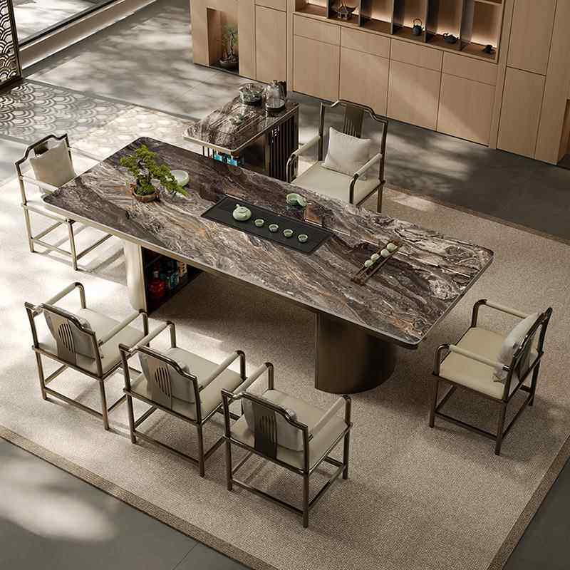 轻奢风现代简约办公室阳台会客别墅家用亮光岩板茶台智能上水茶桌