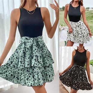 Women's Summer Patchwork Belted Slim-Fit Vest Top & Floral