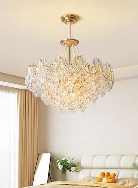 式奶油风吊灯晶玻法璃珍珠玫瑰花水现代简约FVO气大客厅花瓣主卧