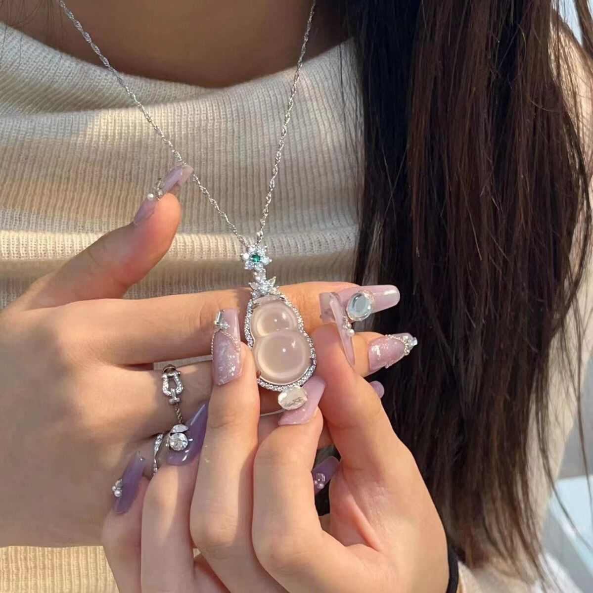 网红直播马达加斯加冰种玉髓葫芦吊坠925镀银镶嵌玛瑙福禄挂件