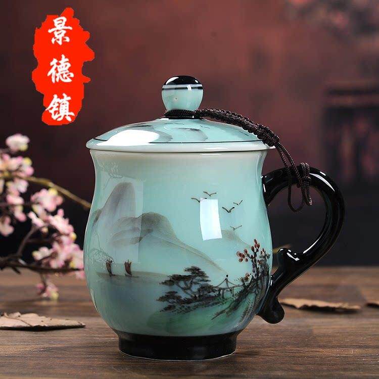 景德镇陶瓷杯带盖子手绘茶杯套装家用个人办公杯高档水杯子礼品定