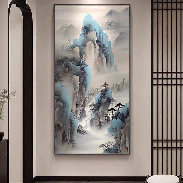 笔墨丹青玄关装饰画新中式入户禅意水墨山水风景挂画书房茶室壁画