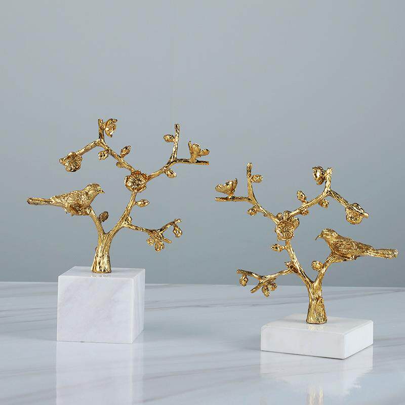 现代新中式金属铜枝小鸟摆件样板房书房客厅创意软装饰品