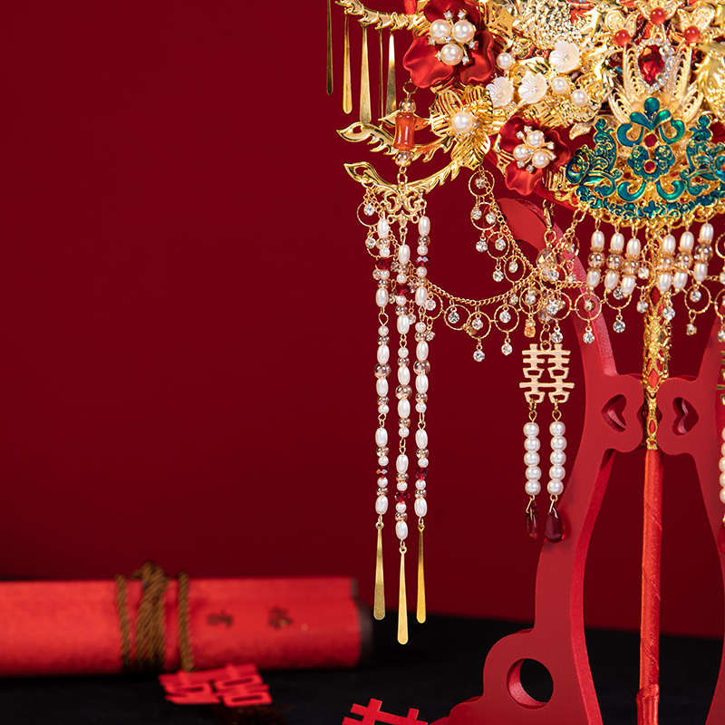 团扇结婚喜扇新娘出嫁红色重工手捧花中式婚礼高级秀禾diy材料