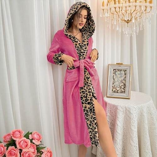 Women Leopard Print Flannel Bathrobe Hooded Belted Robe