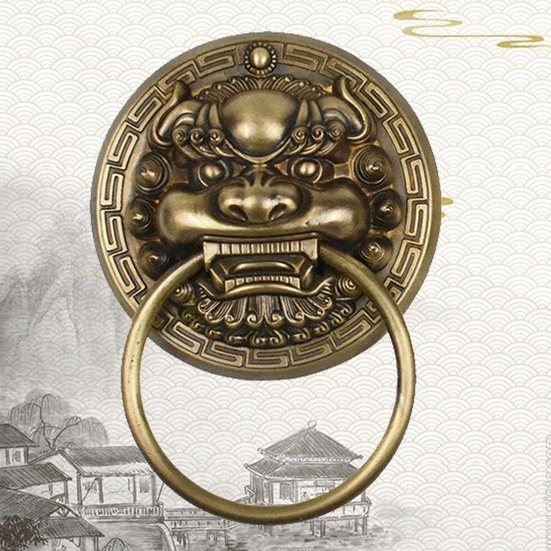 仿古大门纯铜拉手中式虎头麒麟兽头门把手老式木门拉环狮子头门环