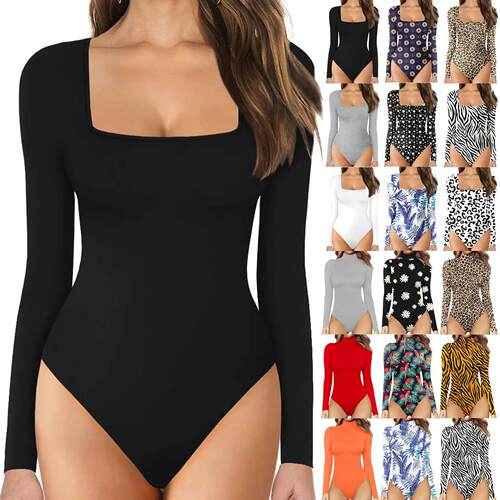 Women'S Long Sleeve Bodysuit Double Lined Square Neck Body