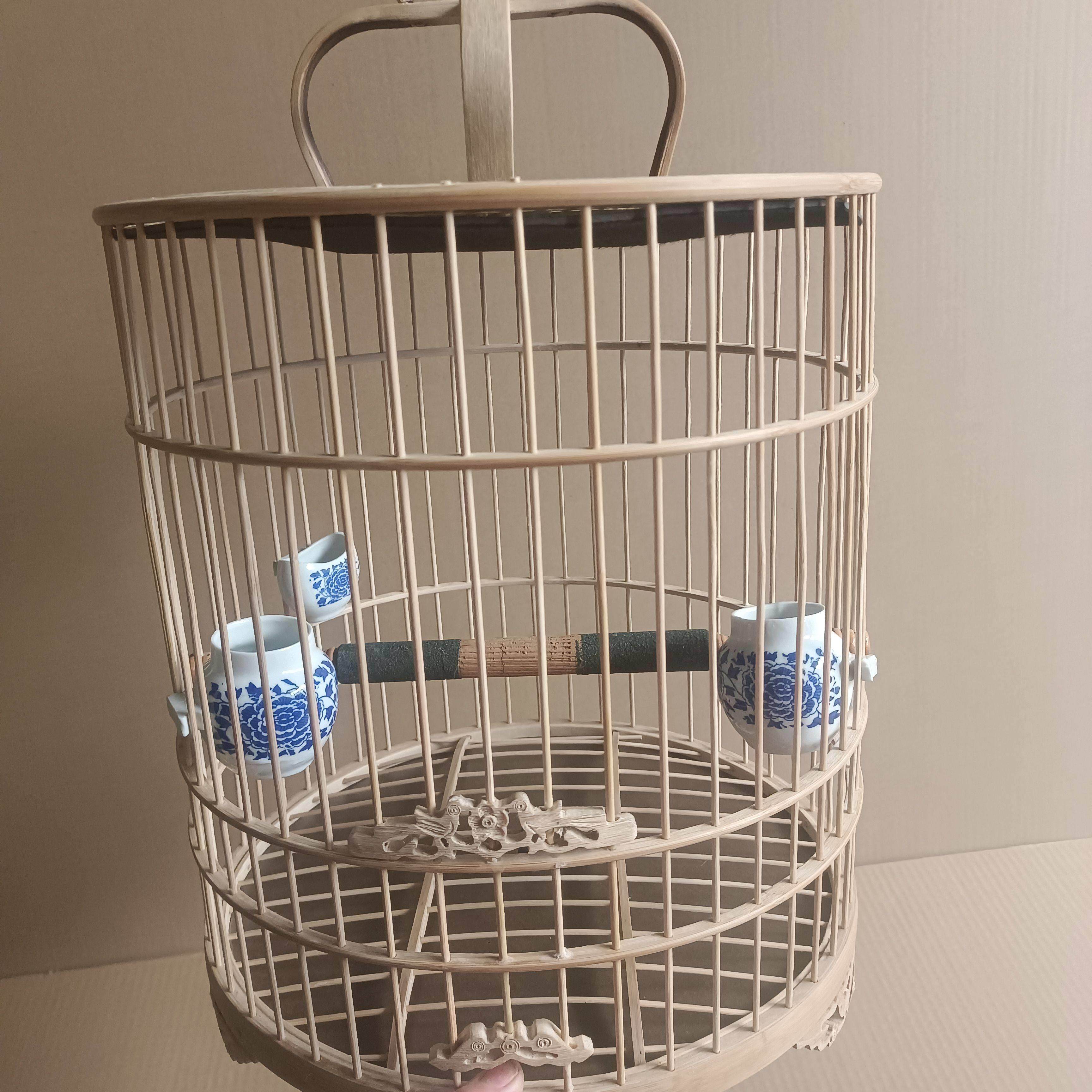 鸟笼,竹制鸟笼,画眉圆鸟笼,画眉洗澡笼,全套配齐!