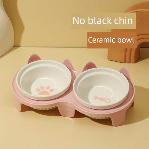 猫碗陶瓷猫食碗猫饭碗双碗斜口狗碗饮水碗保护颈椎和防止倾覆用品
