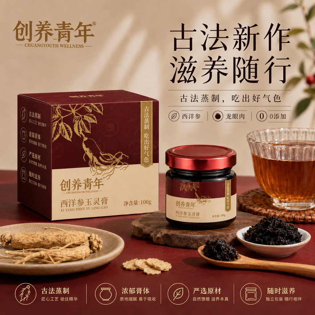 创养青年长白山西洋参玉灵膏龙眼肉古法熬制养生膏瓶装100g旗舰店