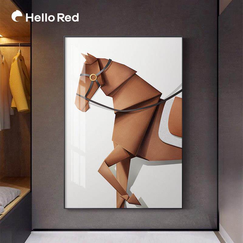 网红现代奢入饰客画户玄关装画过道壁橙色骏马简约高轻级感大幅厅