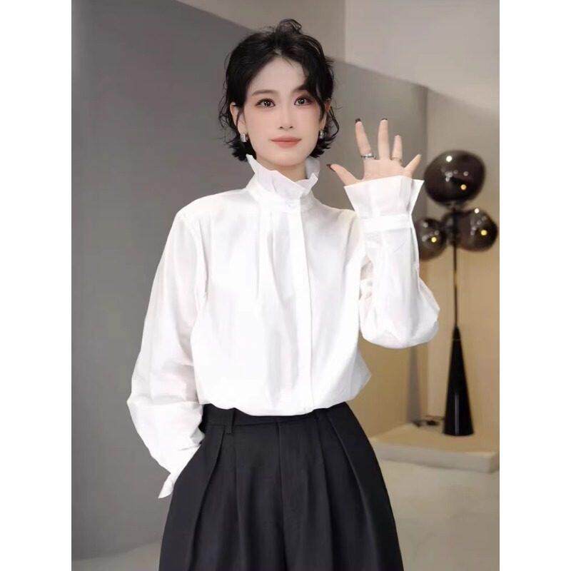 设计感白色花苞领衬衫女2026春秋新款侧排扣内搭打底立领别致衬衫