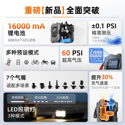 电池桨板充气泵16060轮PS可充胎I橡电皮艇冲锋舟帐篷打气筒充式