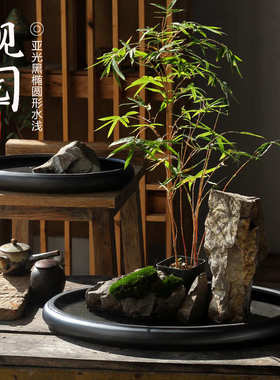 陶瓷黑色大口径浅拼盘米竹菖蒲多肉古典造景枯山水景酒店桌面花盆