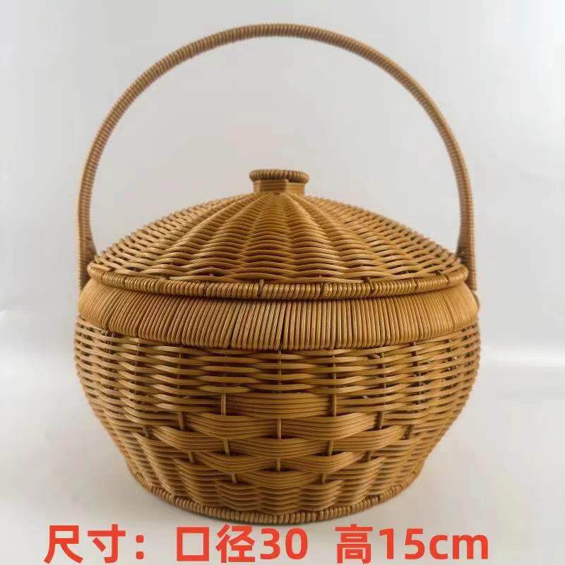 仿藤编织手提篮带盖户外野餐篮 塑料购物菜篮 鸡蛋馒头收纳筐