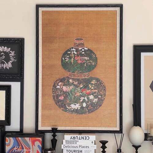 宝葫芦花瓶法式复古中国风玄关装饰画新中式中古花鸟客厅书房壁画