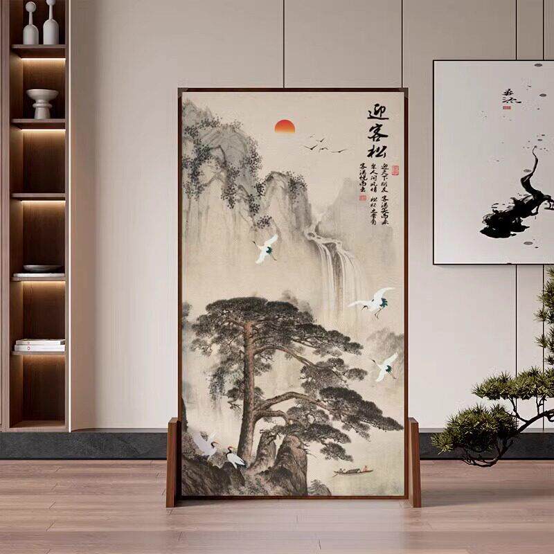 新中式迎客松屏风隔断客厅入户门遮挡装饰玄关办公可移动实木座屏