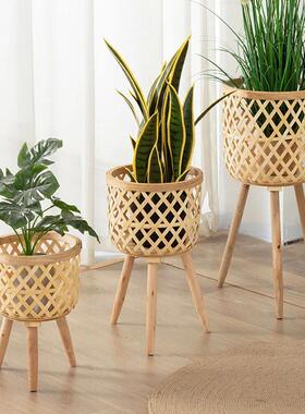 Handmade Bamboo Woven Flower Pot with Stand Plant Flower Di