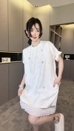 RR fashion 短袖连衣裙女2024夏季法式网纱拼接重工亮钻裙子