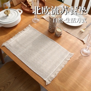 黄麻流苏餐垫隔热盘子餐布美食拍照餐桌垫隔热盘摆拍背景布艺 新款