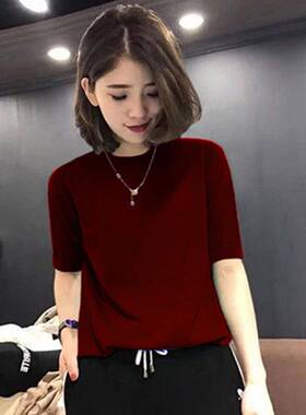 香港大码胖mm欧货五分袖纯色针织衫女修身中袖t恤打底上衣春装潮