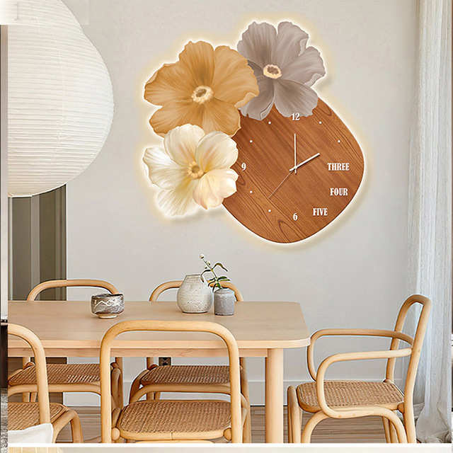 北欧ins风餐厅装饰画立体花朵挂钟led灯时钟新轻奢餐桌背景墙挂画
