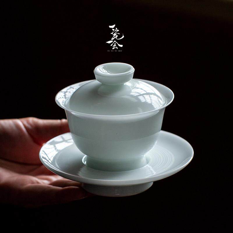 陈鹏程纯手作柴烧元宝三才盖碗德化白瓷手拉坯高端玉瓷茶具泡茶碗
