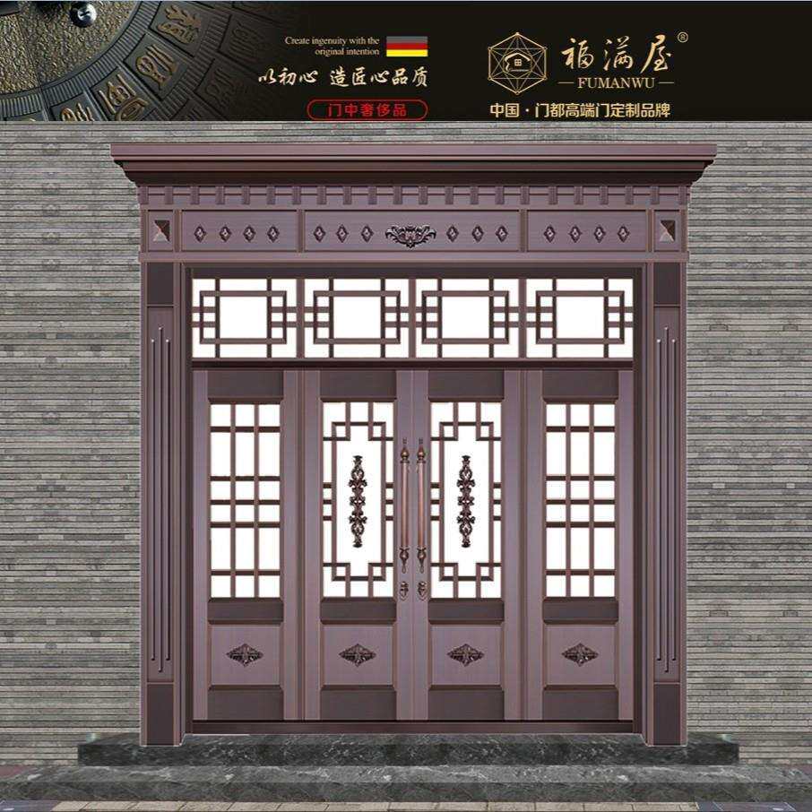 铜门玻璃门采光洁净户外高端别墅大门锌合金仿铜玻璃双四开入户门