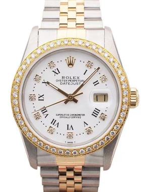 正品[9.8新]劳力士日志型罗马刻度后镶钻自动机械男表16233