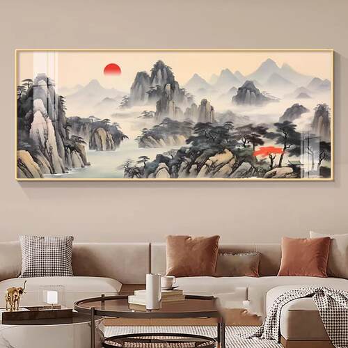 日出东方新中式客厅装饰画旭日东升山水画背有靠山老板办公室挂画