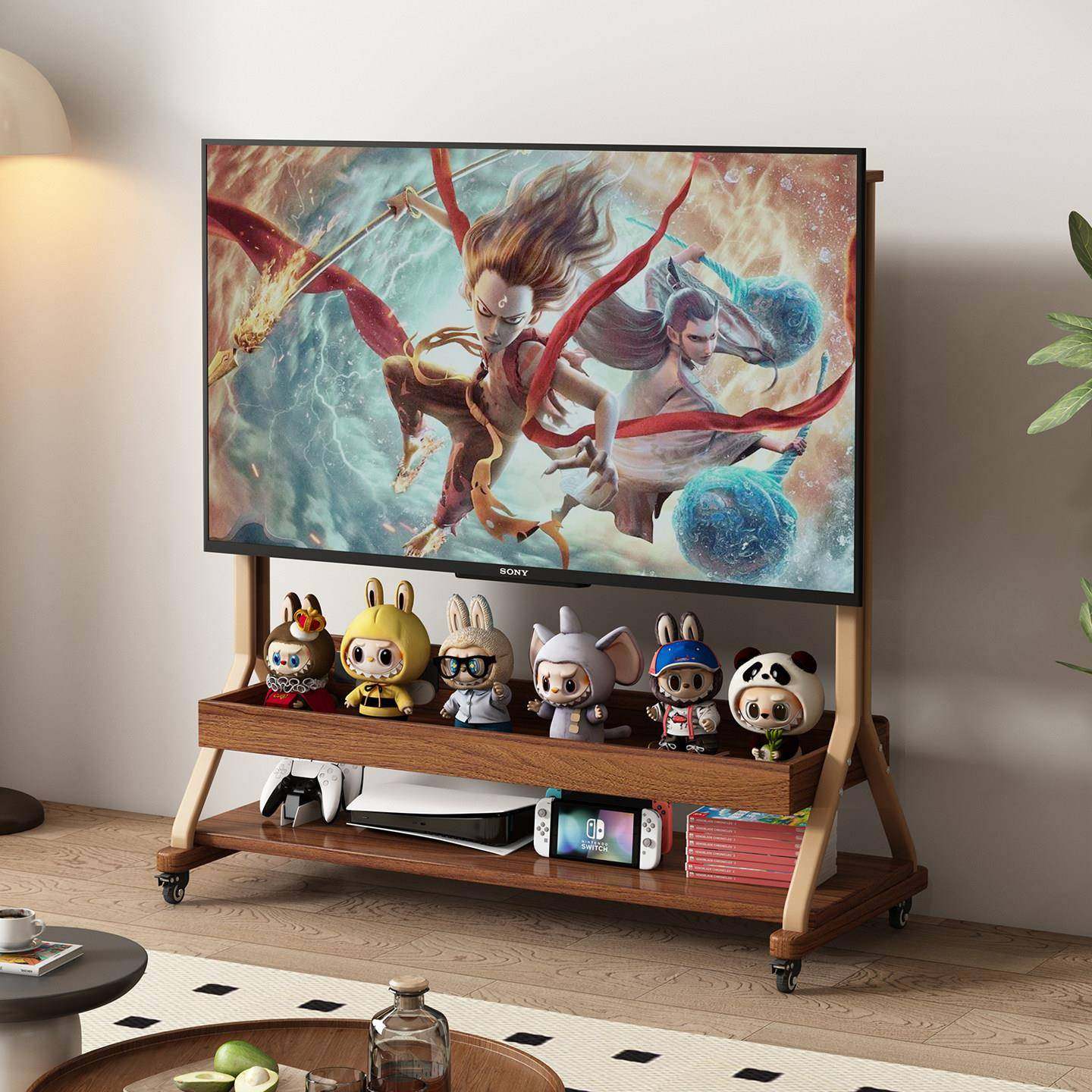 实木可行动电视机柜客厅家用2025新款小户型落地储物带轮电视支架