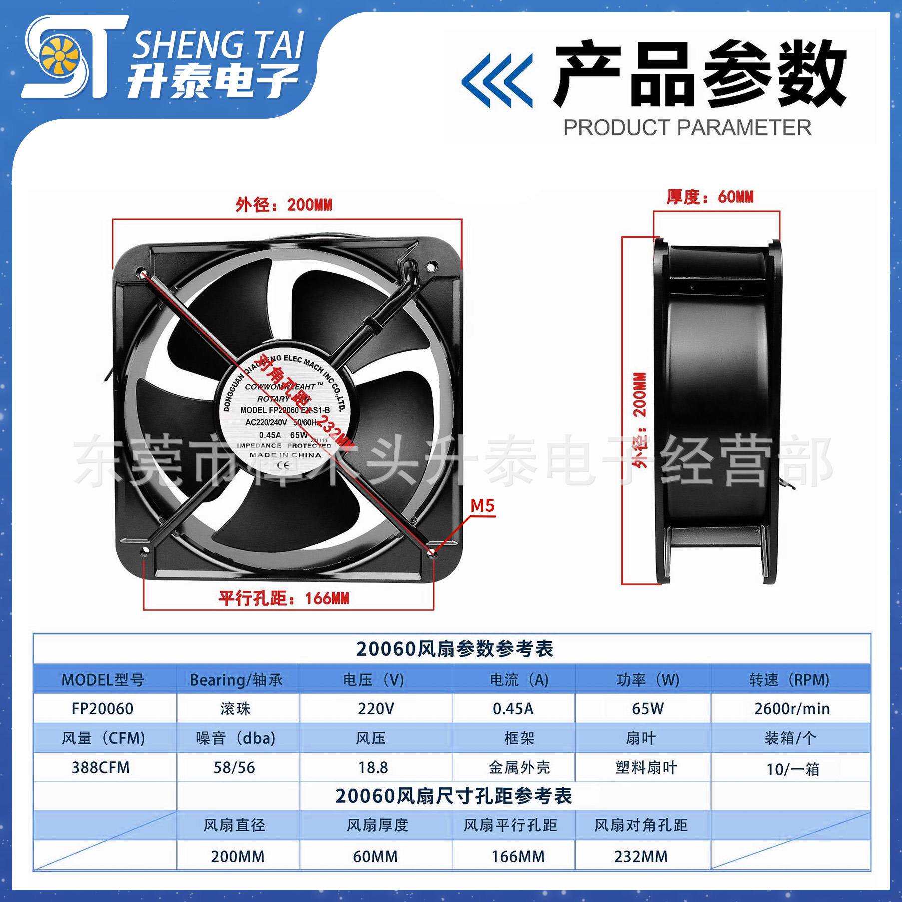 铜芯FP-20060EX-S1-B双滚珠工业服务器风扇20cm 交流110v220v 8寸