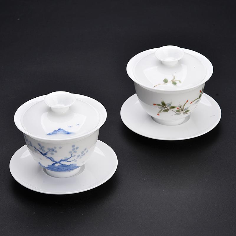 德化白瓷手工陶瓷手绘盖碗大号泡茶三才碗功夫敬茶碗套装家用茶器