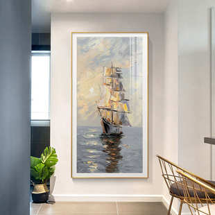 一帆风顺进门墙壁画大幅玄关装饰画美式客厅走廊过道竖版大海挂画