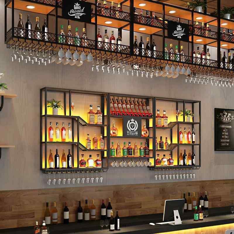 工业风壁挂式多层酒架吧台餐厅酒吧墙壁悬挂式红酒带灯展示架酒柜