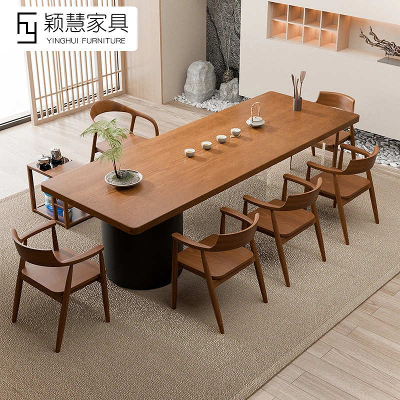 侘寂风实木茶桌椅组合 悬浮亚克力大板茶台桌 办公室会客泡茶桌子