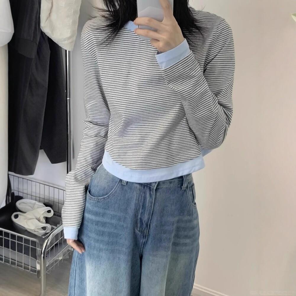 日系假两件条纹t恤女春秋新款长袖撞色正肩洋气减龄内搭打底上衣