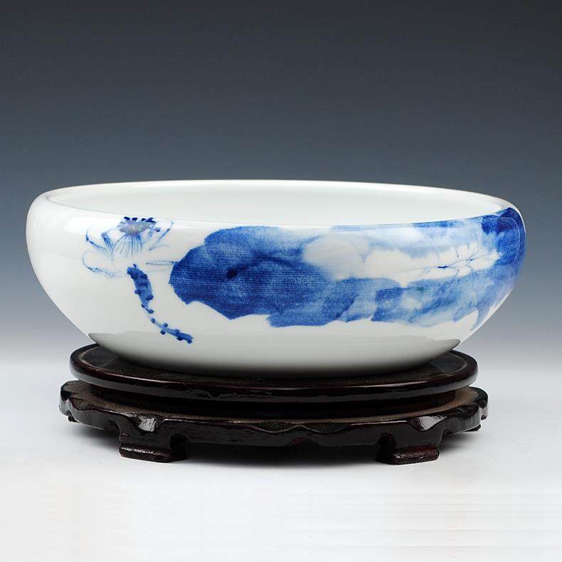 高档景陶德镇瓷器青花手绘写意水金浅鱼缸盆养水仙荷花睡莲 家 居,宠物/宠物食品及用品,桌面缸,淘宝优惠券,粉丝福利购,淘宝优惠卷