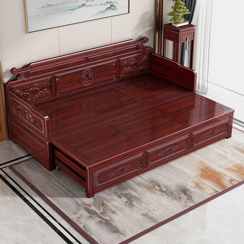 实木罗汉沙发床新中式客厅小户型推拉伸缩1.5米折叠2米酸枝木红木