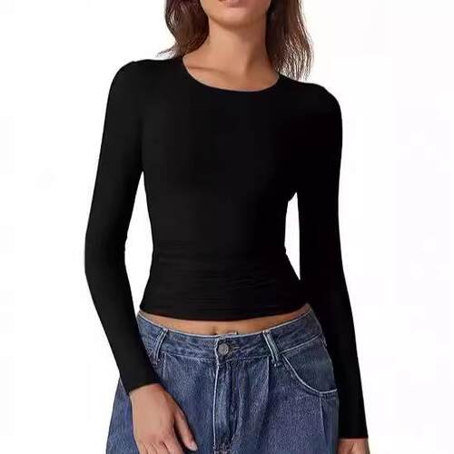 Trendy Solid Color Women ' s Round Neck Long Sleeve T -