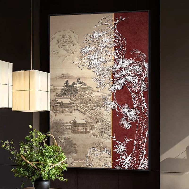 新中式玄关客厅山水国画餐厅走廊过道装饰画酒店饭店竖版红色壁画